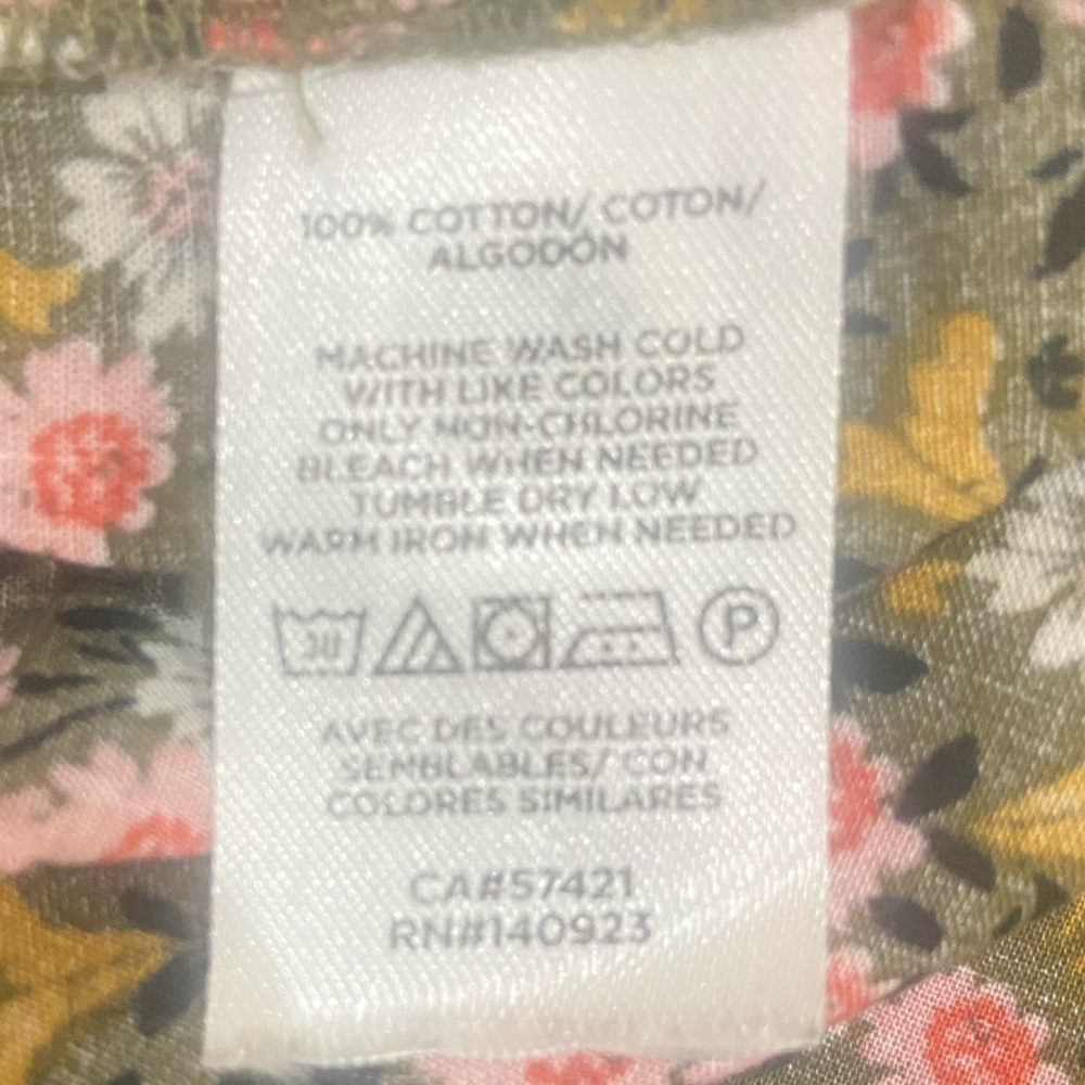 Loft olive peach floral peasant cotton blouse split neck puff sleeves medium - Picture 11 of 11